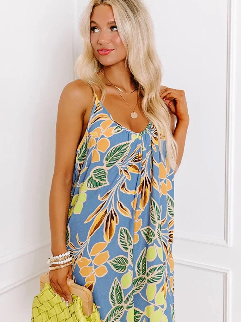 Mahina Blue Floral Swim Coverup or Spring Dress with Yellow & Green Leaf Print - Picture 1 of 6